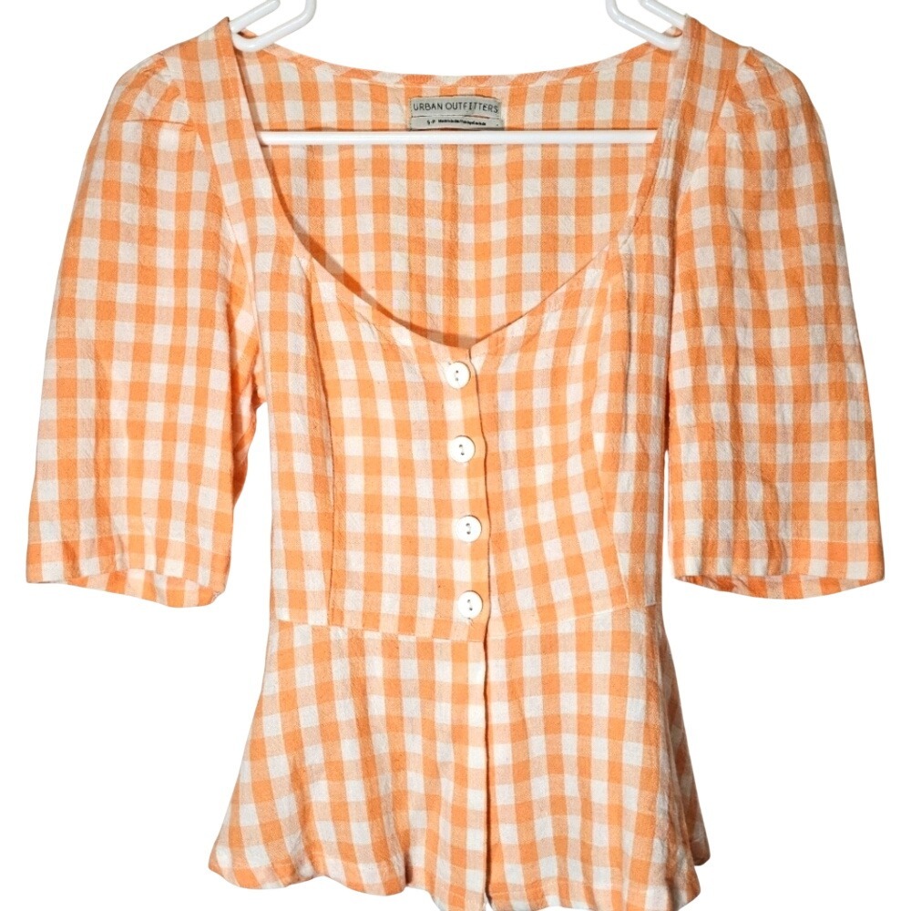 URBAN OUTFITTERS Orange Gingham Square Neck‎ Puff Sleeve Peplum Small Coquette